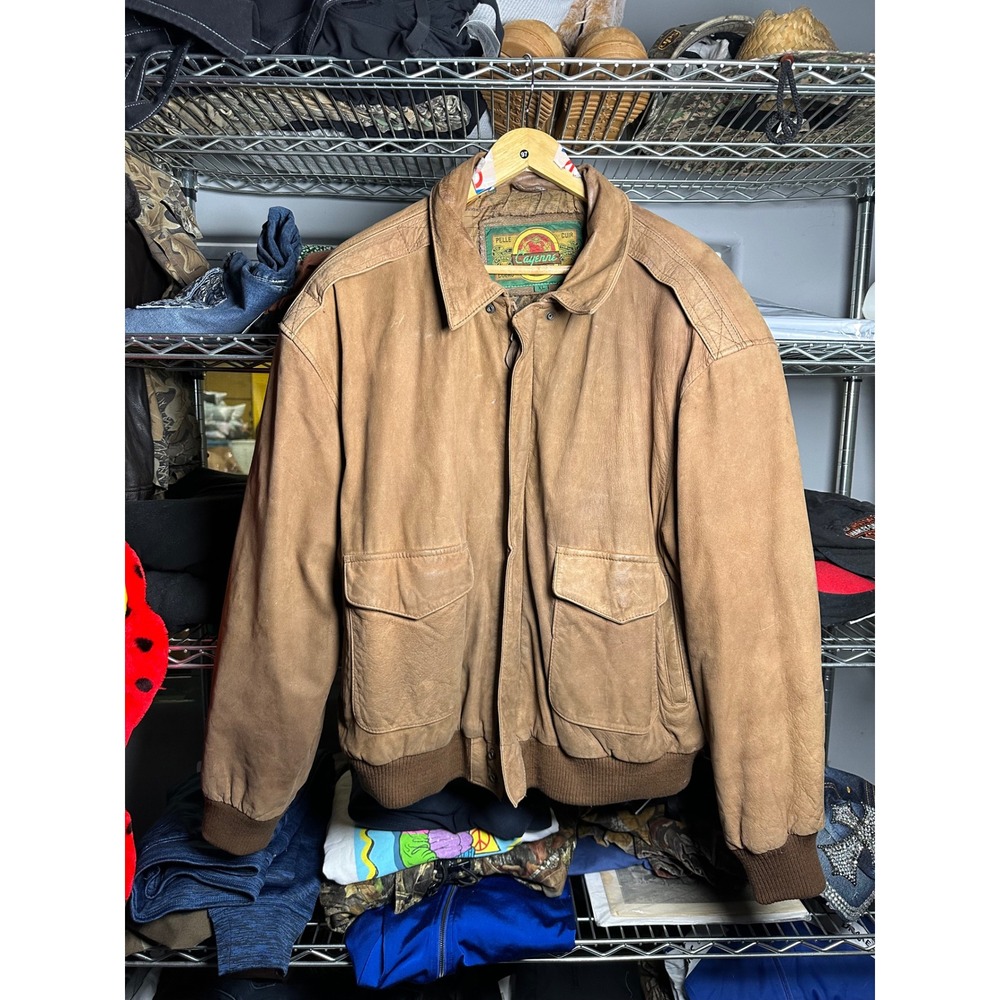 Cayenne Leather Bomber Jacket Vintage Map Lined Aviator Style Brown Mens